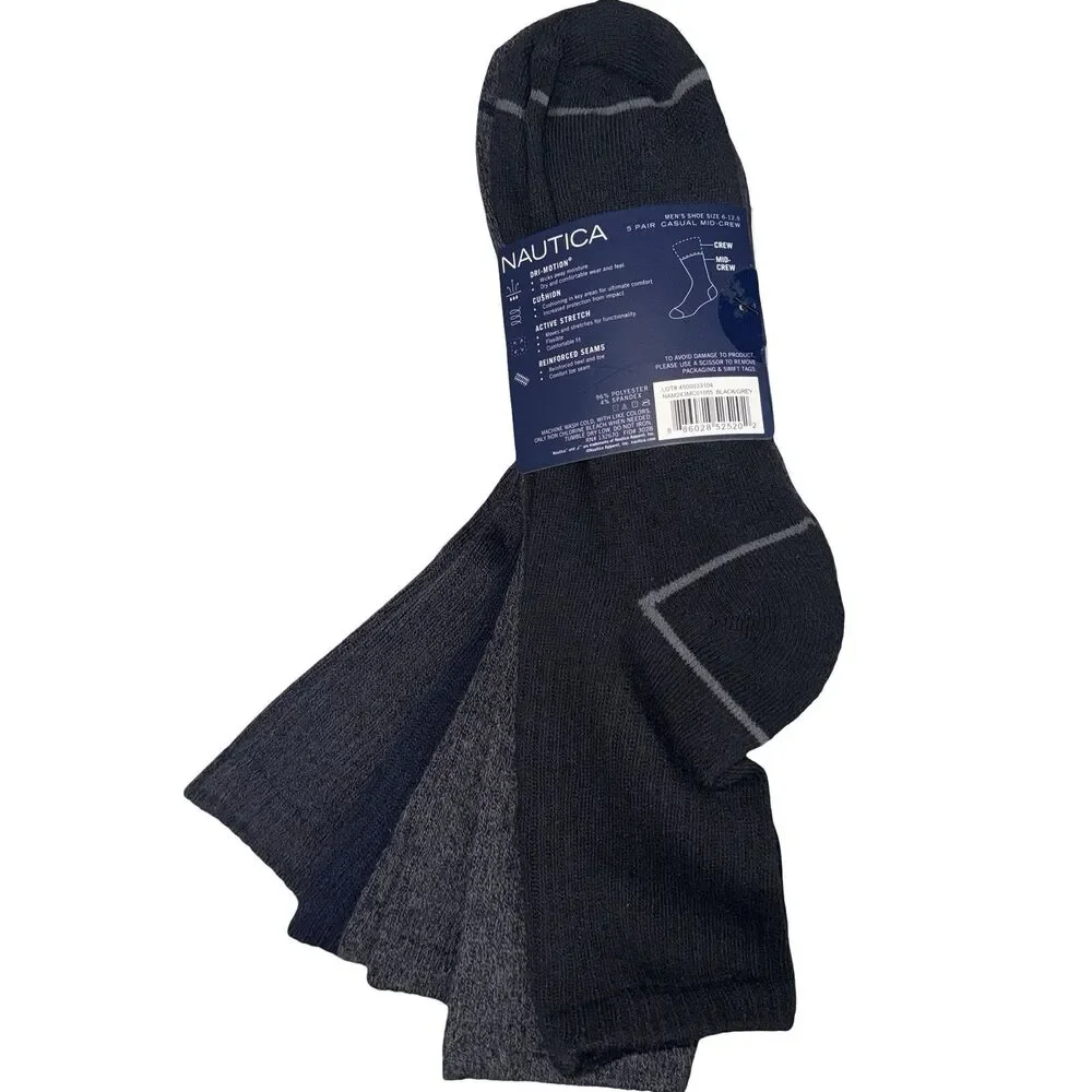 Nautica Mens Size 6-12.5 Mid-Crew Socks 5-Pairs Dri-Motion Active Stretch New
